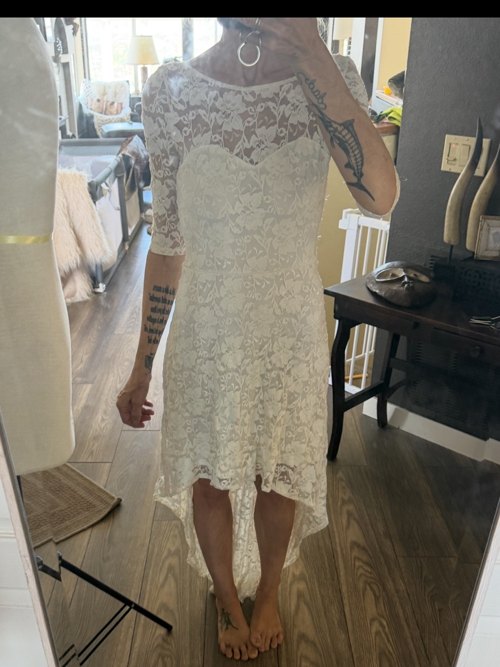 Elegant White Lace High-Low Dress three-quarter sleeves